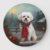 マルチーズの犬が雪のクリスマス ラージ壁時計 (正面)