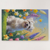 マルチーズの犬と春の花の絵 ジグソーパズル (横)
