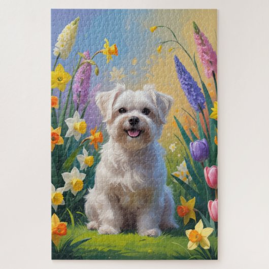 マルチーズの犬と春の花の絵 ジグソーパズル (縦)