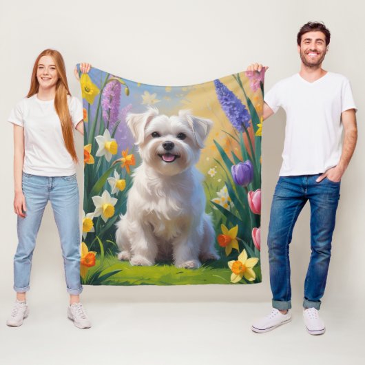 マルチーズの犬と春の花の絵 フリースブランケット (インサイチュ)