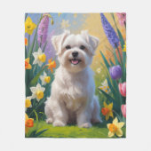 マルチーズの犬と春の花の絵 フリースブランケット (正面)