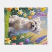 マルチーズの犬と春の花の絵 フリースブランケット (正面(横))