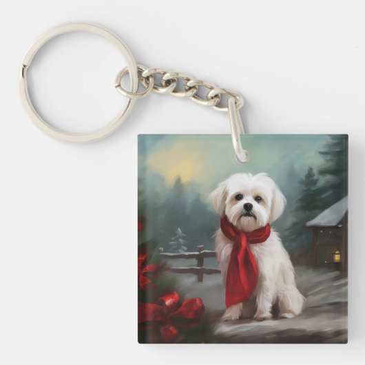 マルチーズの犬と雪のクリスマス キーホルダー (正面)