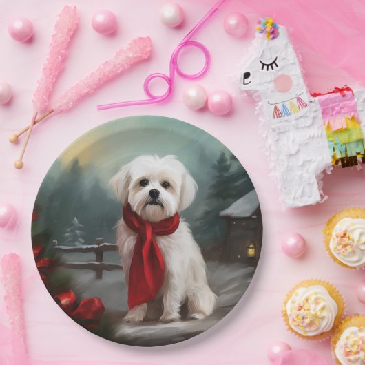 マルチーズの犬と雪のクリスマス ペーパープレート (パーティー)