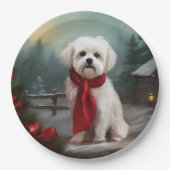 マルチーズの犬と雪のクリスマス ペーパープレート (正面)
