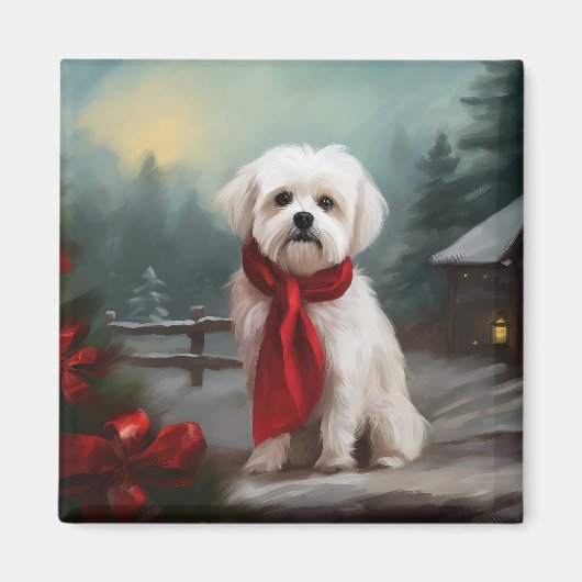 マルチーズの犬と雪のクリスマス マグネット (正面)