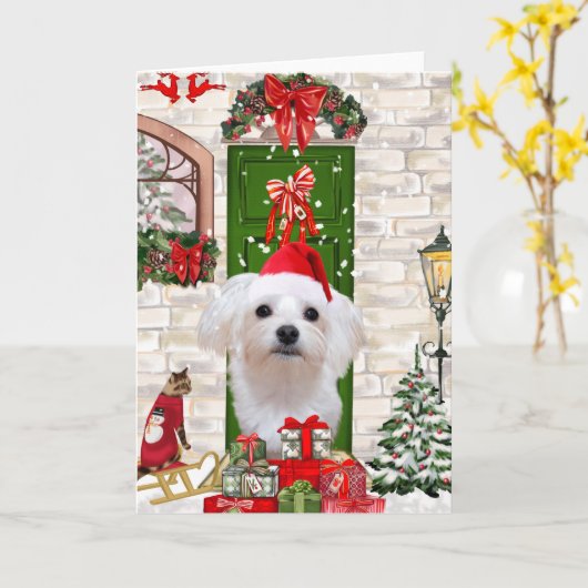 マルチーズの犬のクリスマス カード (黄色い花)