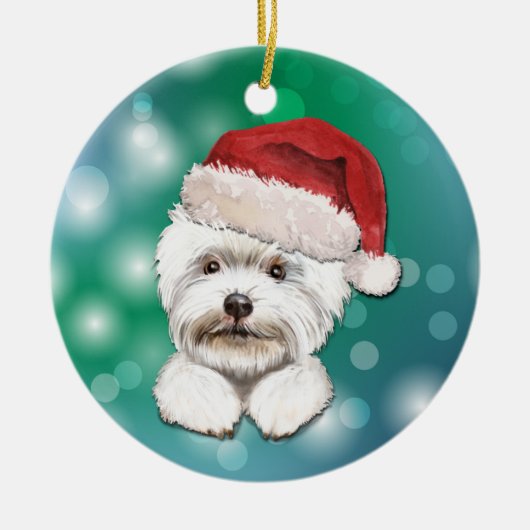 マルチーズの犬の赤いサンタ帽のクリスマス セラミックオーナメント (正面)