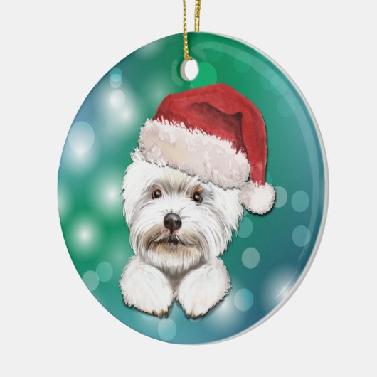 マルチーズの犬の赤いサンタ帽のクリスマス セラミックオーナメント (左)