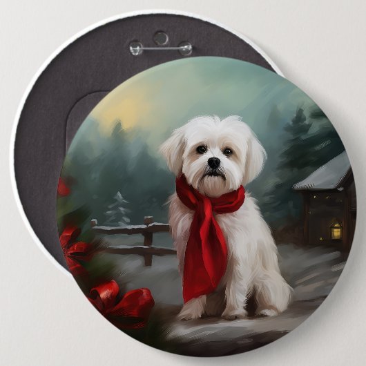 マルチーズの犬の雪のクリスマス 缶バッジ (正面&裏面)