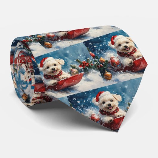 マルチーズの犬ソリに乗って雪を降らせて クリスマス ネクタイ (ロール)