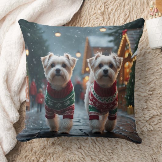 マルチーズの犬 クリスマス スノー ホリデー クッション (ブランケット)