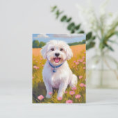 マルチーズの花畑の絵 サンキューカード (スタンド正面)