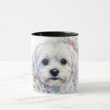 マルチーズの花輪ウォーターカラーアートマグ