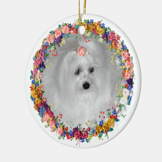 マルチーズは花に甘えた セラミックオーナメント (左)