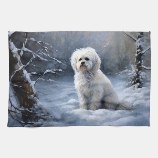 マルチーズは雪のクリスマスを許す キッチンタオル (横)