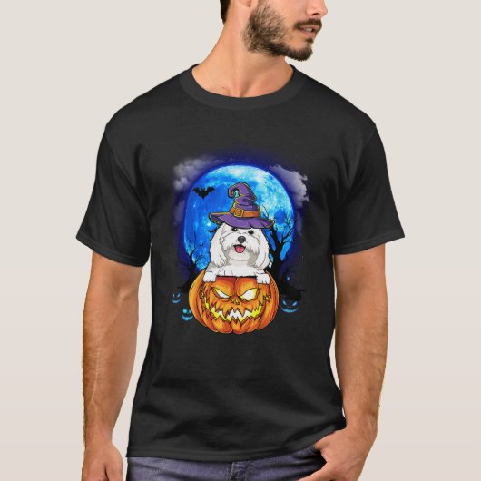 マルチーズウィッチムーンパンプキンホラーハロウィンドブロフ Tシャツ (正面)