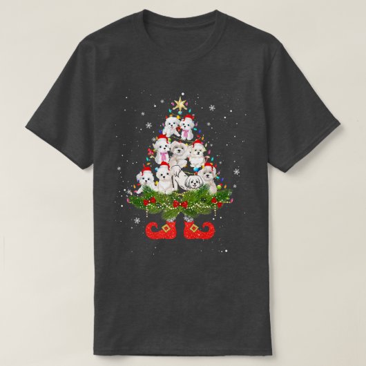 マルチーズクリスマスツリーライトキュートサンタハットドッグL Tシャツ (デザイン正面)