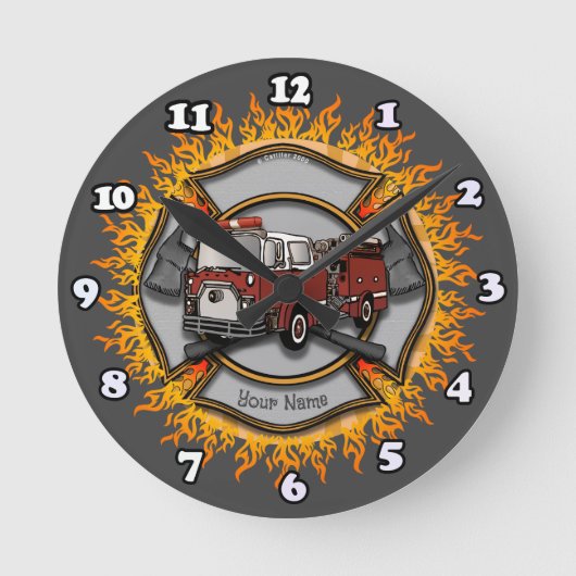 マルチーズクロス消防車のファイアーファイタークロック ラウンド壁時計 (正面)