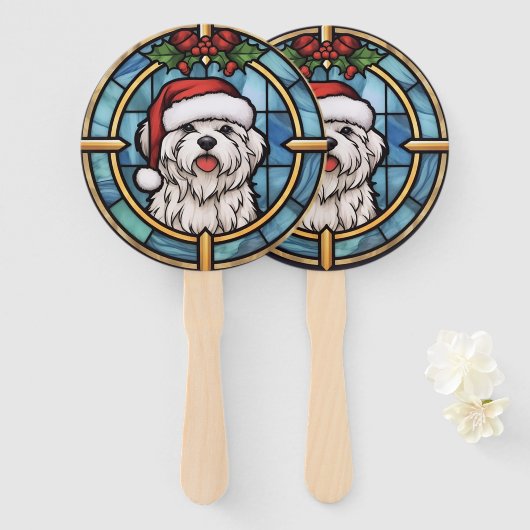 マルチーズステンドグラスのクリスマス ハンドファン (正面&裏面)