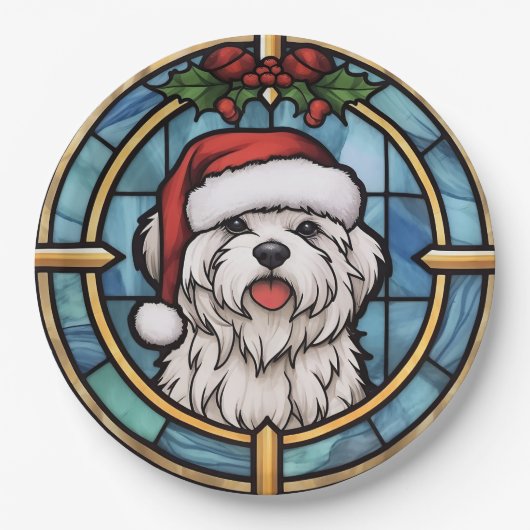 マルチーズステンドグラスのクリスマス ペーパープレート (正面)