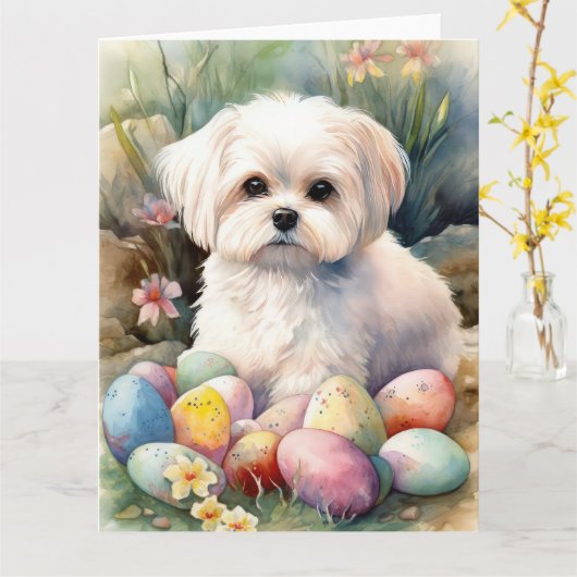 マルチーズドッグとイースターエッグホリデイ カード (黄色い花)