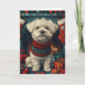 マルチーズドッグとクリスマスプレゼント暖炉 カード (正面)