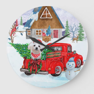 マルチーズドッグのクリスマスデリバリートラック雪 ラージ壁時計