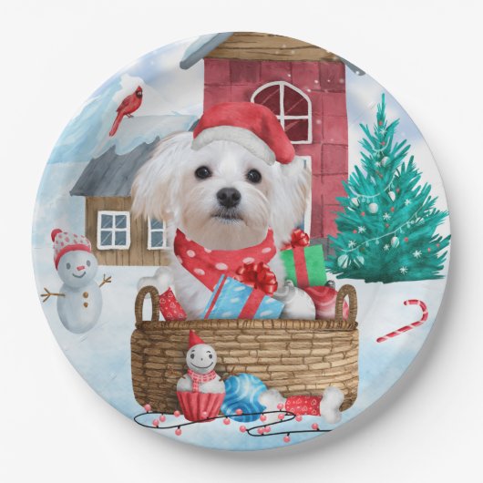 マルチーズドッグインスノークリスマスドッグ ペーパープレート (正面)