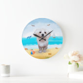 マルチーズドッグオンビーチ ラージ壁時計 (ホーム)