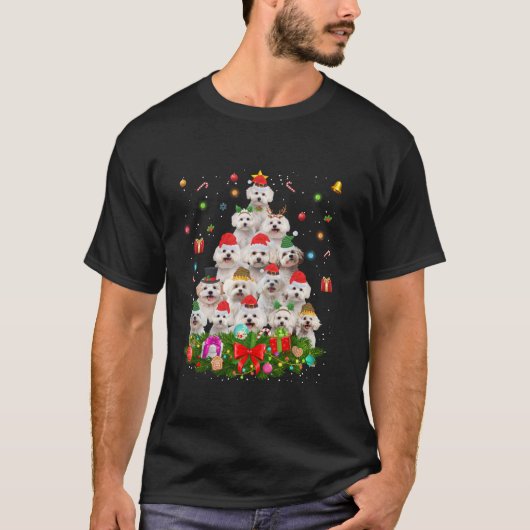マルチーズドッグクリスマスツリーライトパピードッグ恋人 Tシャツ (正面)