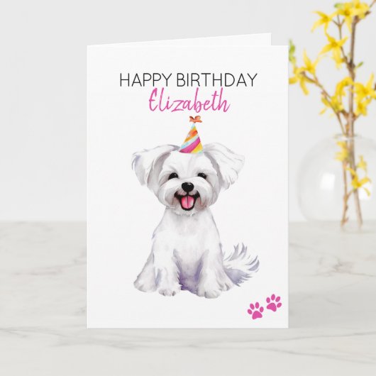 マルチーズドッグパーソナライズされたハッピーバースデー カード (黄色い花)