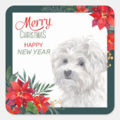 マルチーズドッグポインセチア縁どクリスマス スクエアシール (正面)