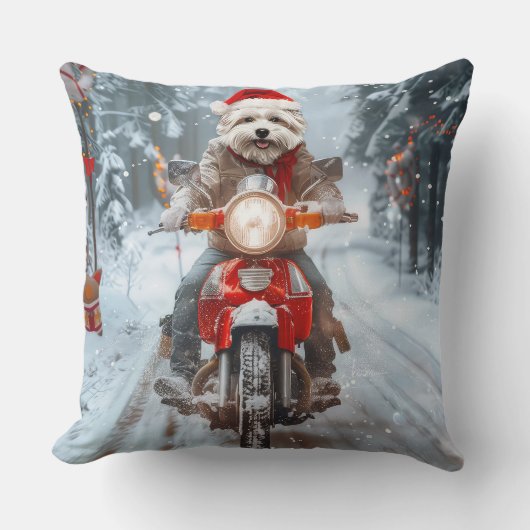 マルチーズドッグライディングオートバイクリスマス クッション (正面)