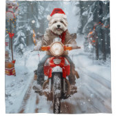 マルチーズドッグライディングオートバイクリスマス シャワーカーテン (正面)