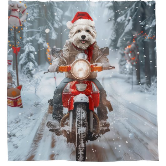 マルチーズドッグライディングオートバイクリスマス シャワーカーテン (正面)