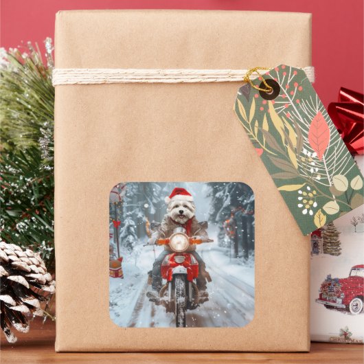 マルチーズドッグライディングオートバイクリスマス スクエアシール (クリスマス)