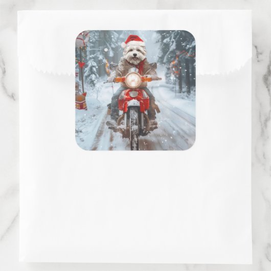 マルチーズドッグライディングオートバイクリスマス スクエアシール (バッグ)