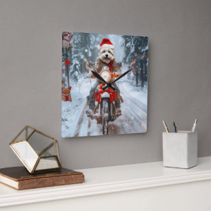 マルチーズドッグライディングオートバイクリスマス スクエア壁時計