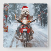 マルチーズドッグライディングオートバイクリスマス スクエア壁時計 (正面)