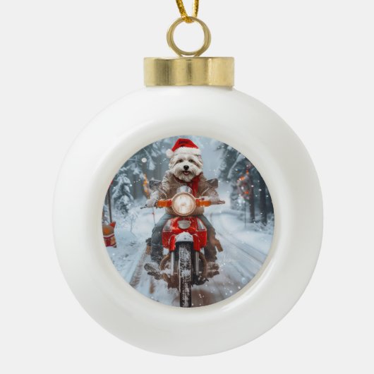 マルチーズドッグライディングオートバイクリスマス セラミックボールオーナメント (正面)