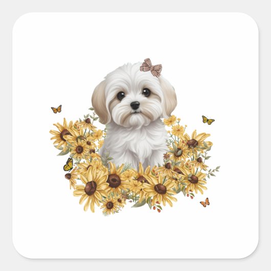マルチーズ子犬と黄色の秋花 スクエアシール (正面)