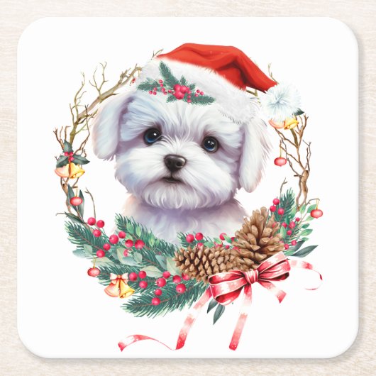 マルチーズ子犬のクリスマス、クリスマスマルチーズ犬 スクエアペーパーコースター (正面)