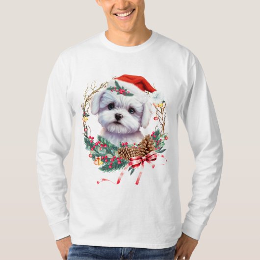 マルチーズ子犬のクリスマス、クリスマスマルチーズ犬 Tシャツ (正面)