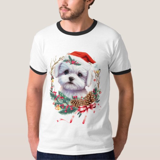 マルチーズ子犬のクリスマス、クリスマスマルチーズ犬 Tシャツ (正面)