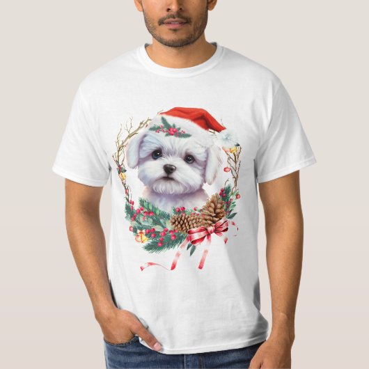 マルチーズ子犬のクリスマス、クリスマスマルチーズ犬 Tシャツ (正面)