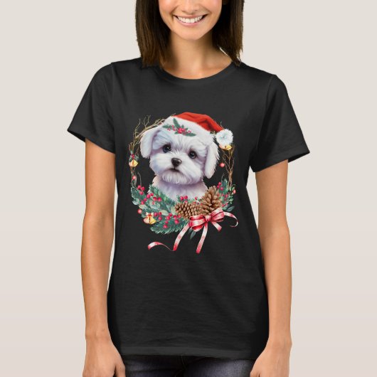 マルチーズ子犬のクリスマス、クリスマスマルチーズ犬 Tシャツ (正面)