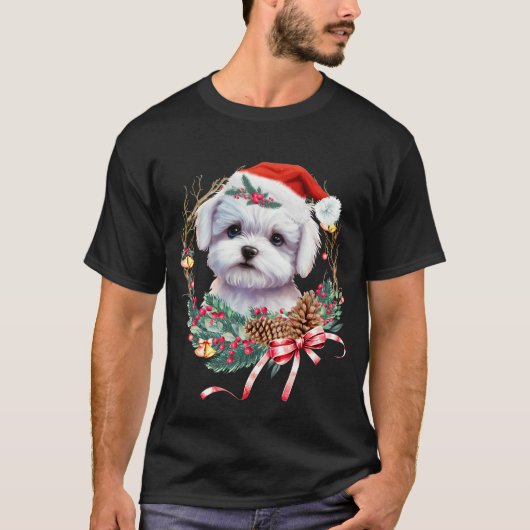 マルチーズ子犬のクリスマス、クリスマスマルチーズ犬 Tシャツ (正面)