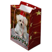 マルチーズ子犬のクリスマス ミディアムペーパーバッグ (正面アングル)