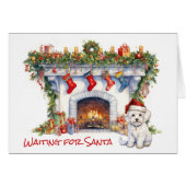 マルチーズ犬がサンタクリスマス暖炉を待つ (正面横)